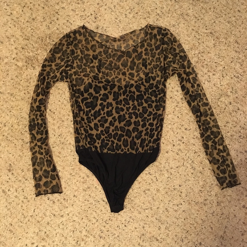 Sheer mesh leopard print long sleeve bodysuit Y2K
